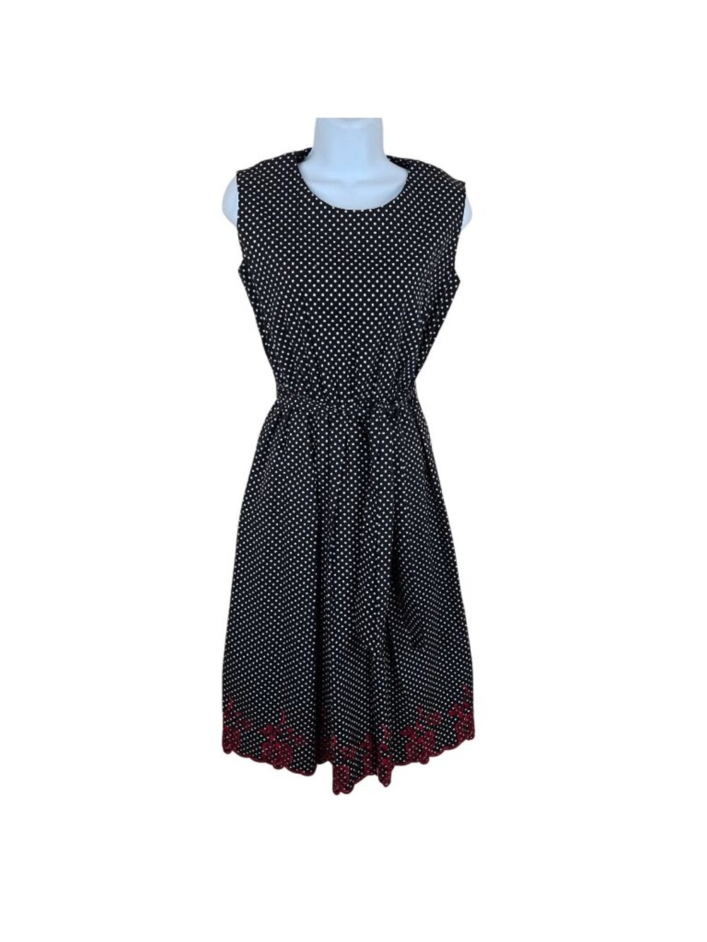 Vintage 90s Black Polka Dot Fit Flare Dress Red Floral Womens S Pinup Retro